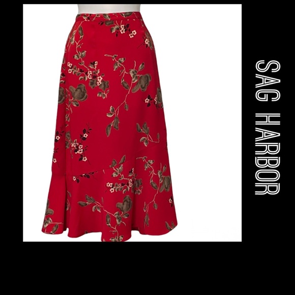 SAG HARBOR Vintage Red Trumpet Asymmetric Seam Midi Floral Side Zipper Size 8P - Picture 1 of 11